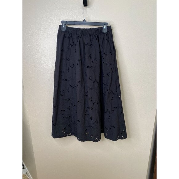 H&M Womens Black Eyelet Midi Skirt Cotton Elastic Waist Floral S 100% Cotton - Picture 1 of 8